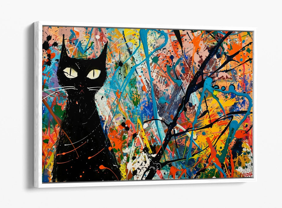 Black Cat Canvas Art – Jackson Pollock Style Float Effect Print on Premium Frame
