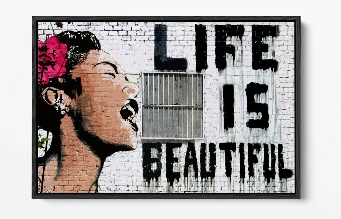 BANKSY LIFE IS BEAUTIFUL -FLOAT EFFECT CANVAS WALL ART PIC PRINT- PINK BLACK
