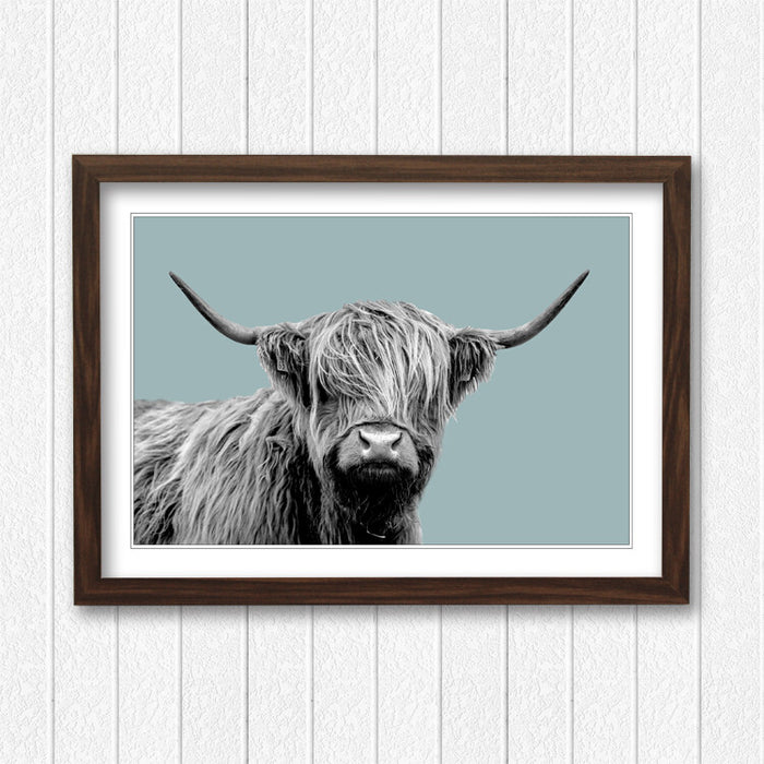 HIGHLAND COW BLACK AND WHITE DUCK EGG BLUE FRAMED POSTER WALL ART PRINT