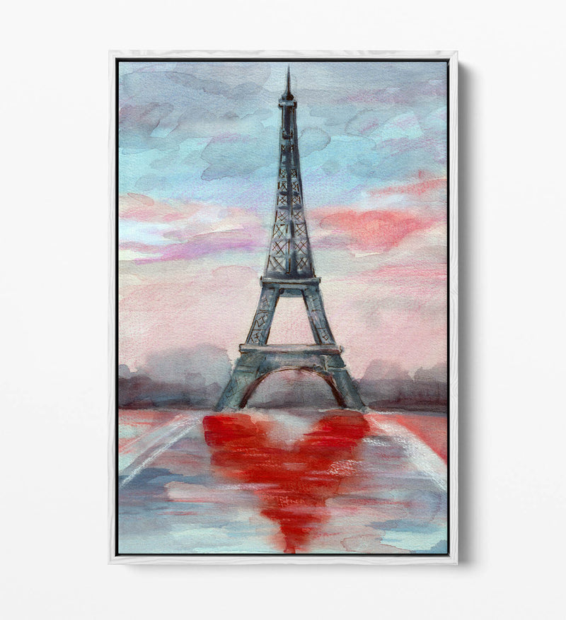Eiffel Tower Canvas Art – Paris Watercolour Print With Heart Design | Float Effect Frame