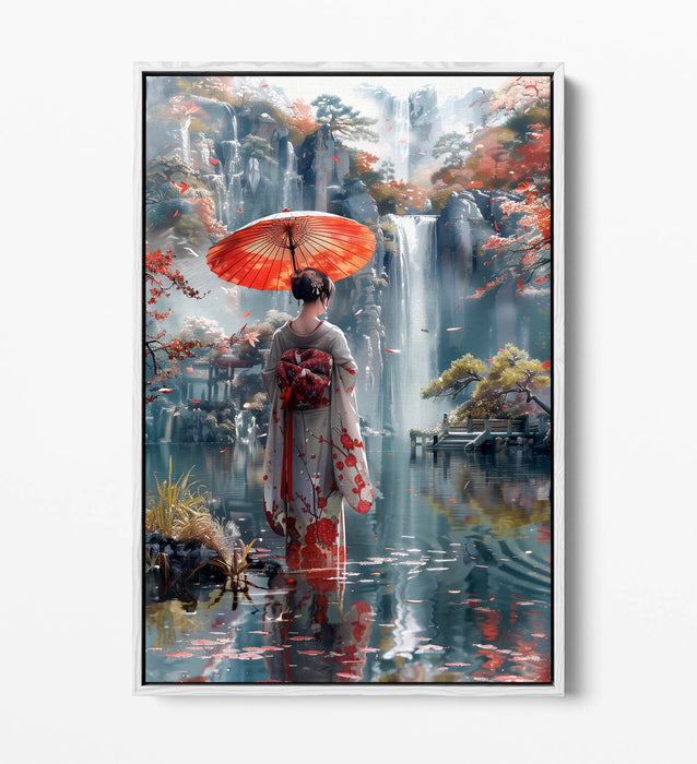 Float Effect Canvas Art – Japanese Geisha Waterfall Print | Handmade UK Canvas