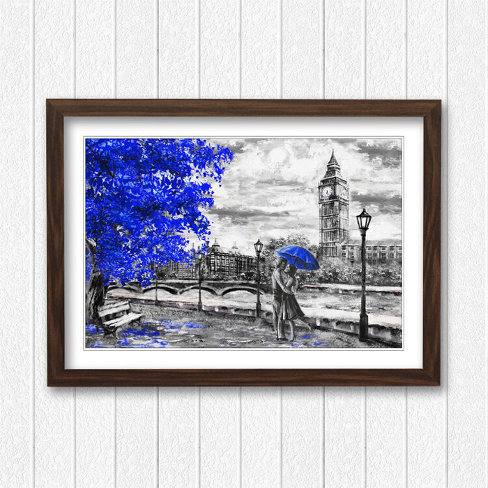 London Big Ben Grey Blue Umbrella Wall Art Picture Framed Poster Print 4 sizes