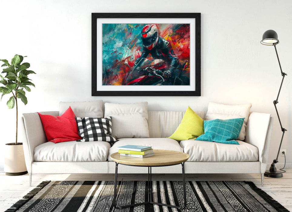 Framed Wall Art Poster – Motorcycle Graffiti Art Print With Woodgrain Frame