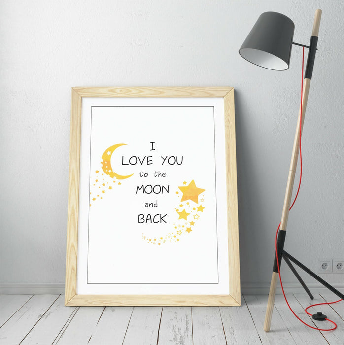 "LOVE YOU TO THE MOON" WATERCOLOR KIDS ROOM QUOTE -FRAMED WALL ART PICTURE PRINT