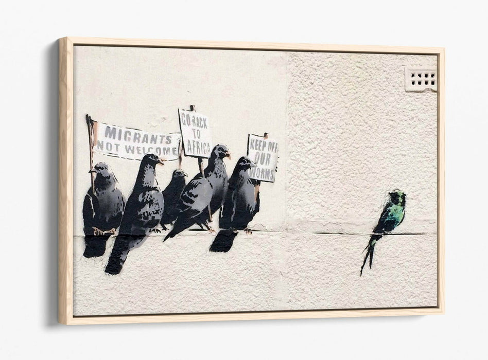 BANKSY RACIST PIGEONS -FLOAT EFFECT CANVAS WALL ART PIC PRINT- BEIGE GREEN WHITE