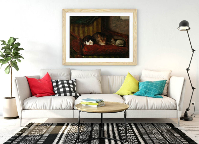 Cute Cat Wall Art – 'Adolf von Becker, Cat with Kittens' Framed Wall Art Poster Paper Print Cats & Kittens – Handmade Decor