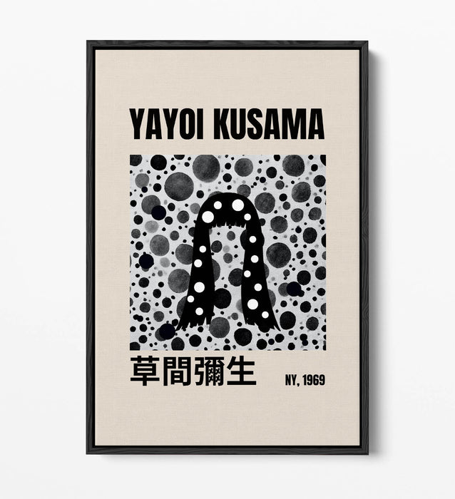 Canvas Art Print - Yayoi Kusama Black and White Polka Dot Artwork | Float Effect Frame