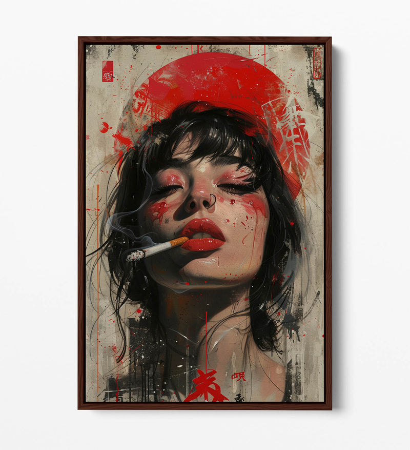 Canvas Art Print – Portrait Smoking Woman with Float Effect Frame, Vibrant Colors