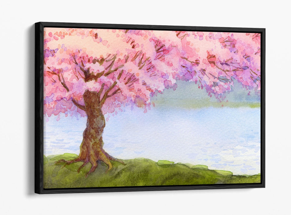 Canvas Wall Art - Pretty Cherry Blossom Tree River Scene Float Effect Print