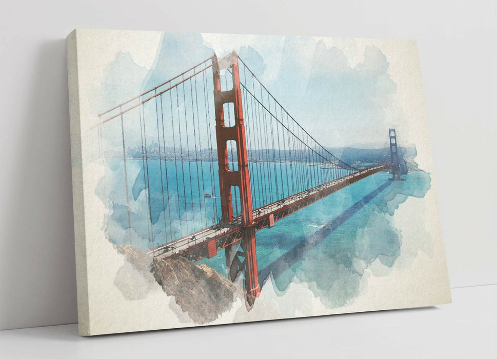Canvas Wall Art Print - Golden Gate Bridge Watercolour Artwork on Stretched MDF Frame