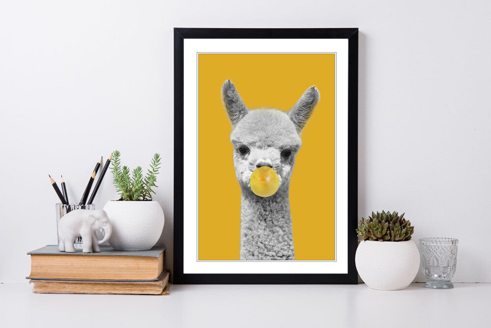 Framed Poster Wall Art – Happy Alpaca Print With Mustard Yellow Decor & Woodgrain Frame