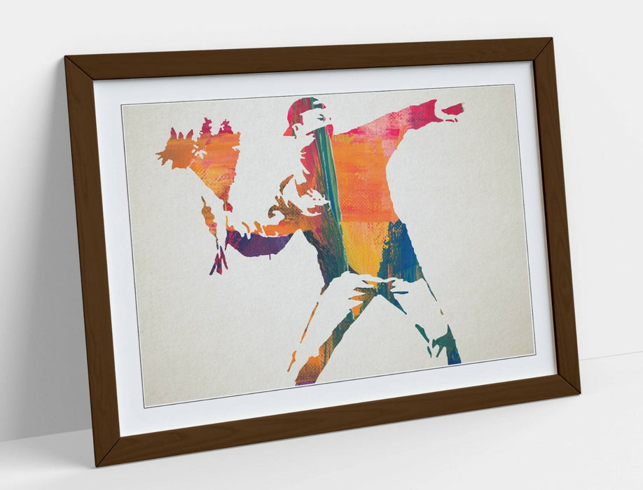 BANKSY, FLOWER THROWER RAINBOW PAINT -FRAMED WALL ART PICTURE PRINT
