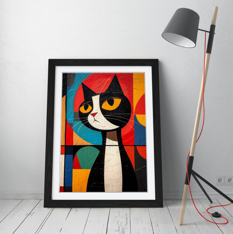 Abstract Black Cat Art – Colorful Kandinsky Framed Wall Art Print 4 Sizes