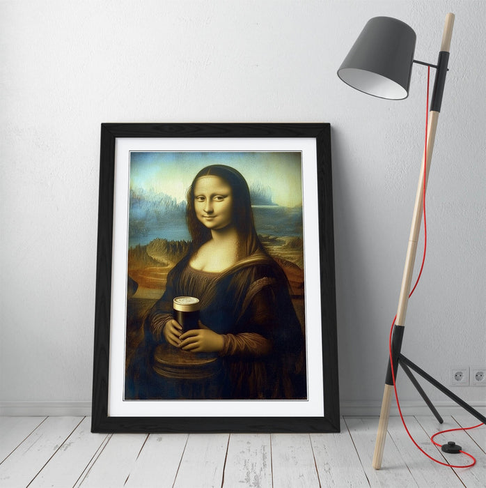 Funny Framed Wall Art – Mona Lisa Holding Pint of Stout | Handmade UK Poster Print