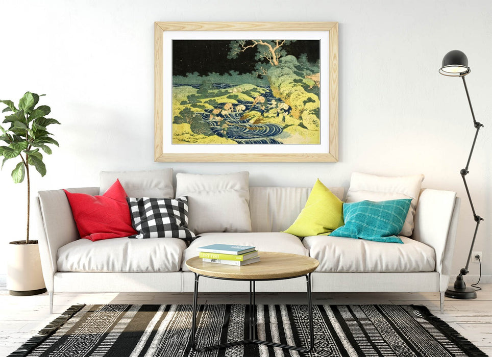 Framed Art Poster - Katsushika Hokusai Fishing Scene Artwork | Woodgrain Frame Wall Art Print
