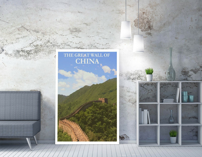Vintage Travel Poster – Great Wall Canvas | Handmade Blue Wall Print Art