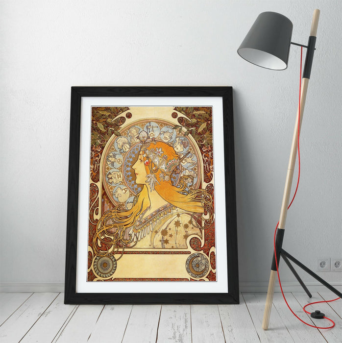 Framed Art Poster – Alphonse Mucha Zodiac Print with Wood Grain Frame