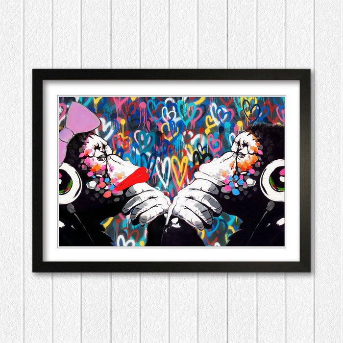 MONKEY DJ BANKSY LOVE DOUBLE WALL STREET ART FRAMED POSTER PICTURE PRINT ARTWORK