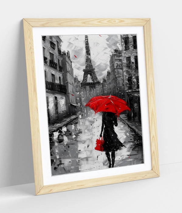 Red Umbrella Wall Art – Paris City Poster | Framed Black & White Decor Print