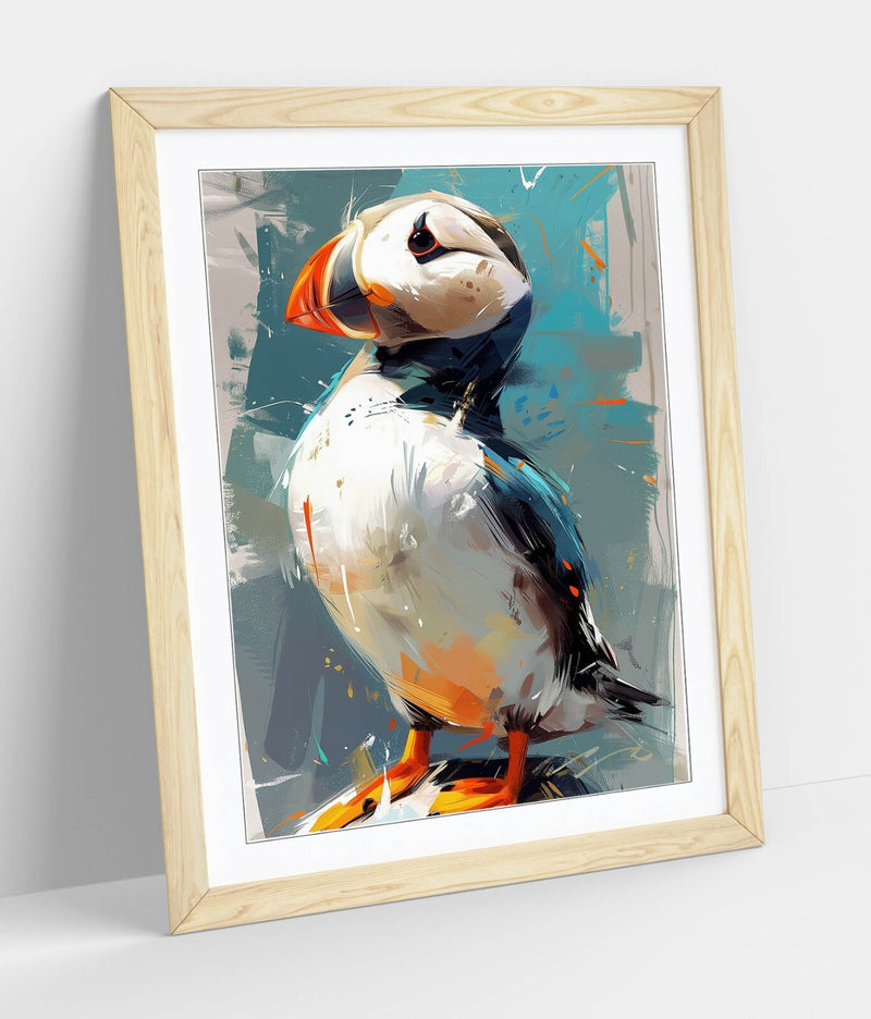 Puffin Wall Art - Framed Bird Poster with Woodgrain Frame for Bedroom Decor