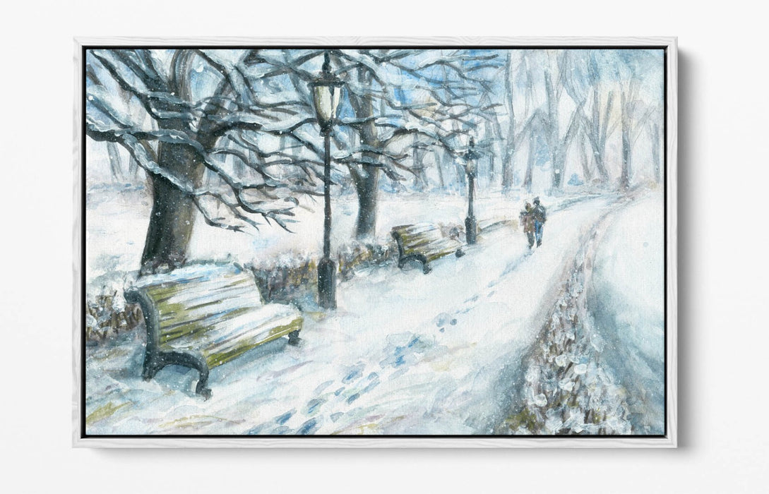 COUPLE WALKING IN SNOWY PARK WINTER FLOAT EFFECT CANVAS WALL ART PRINT