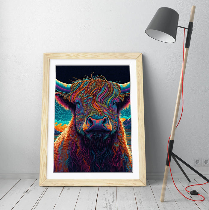 Highland Cow Wall Art – Framed Vibrant Animal Poster With Natural Wood Frame