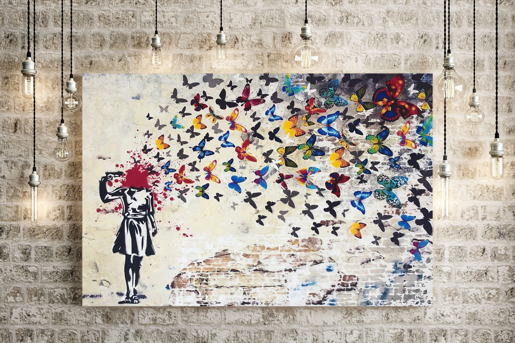 CANVAS WALL ART PRINT BANKSY BUTTERFLY BRAINS GIRL GRAFFITI 30MM DEEP FRAMED