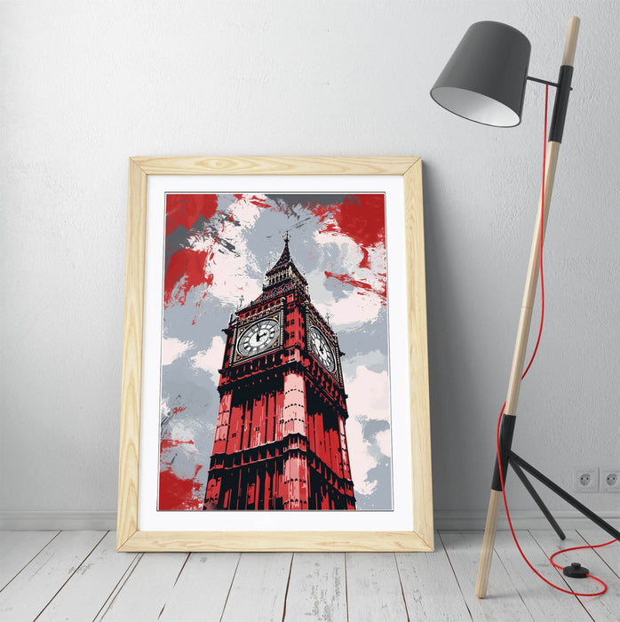 Framed Wall Art - Big Ben Poster Print With Red Grey Wall Decor, Matte Paper