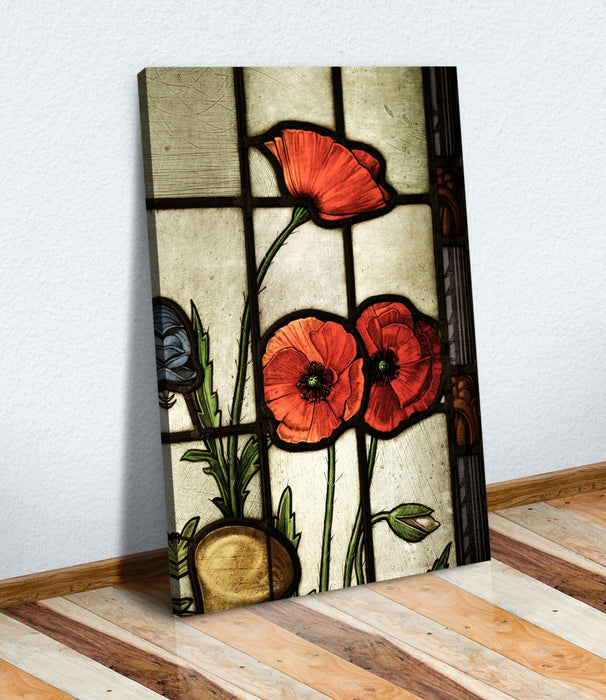 Canvas Wall Art Vintage Stained Glass Poppies – Handmade 30mm Deep Frame Print