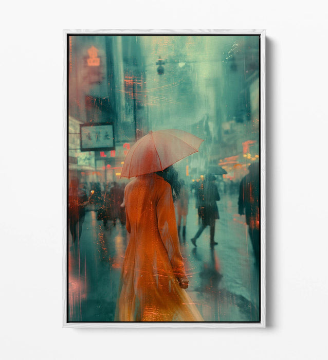 Canvas Wall Art - Woman With Umbrella in City Street | Float Effect Print