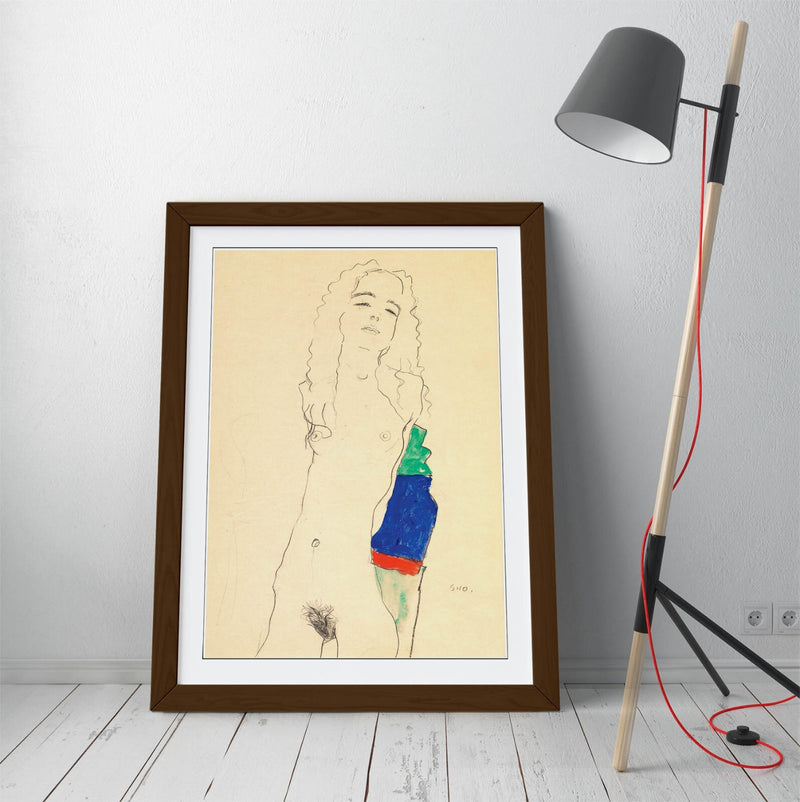 Framed Art Poster - Egon Schiele Female Nude Artwork | Handmade Woodgrain Frame
