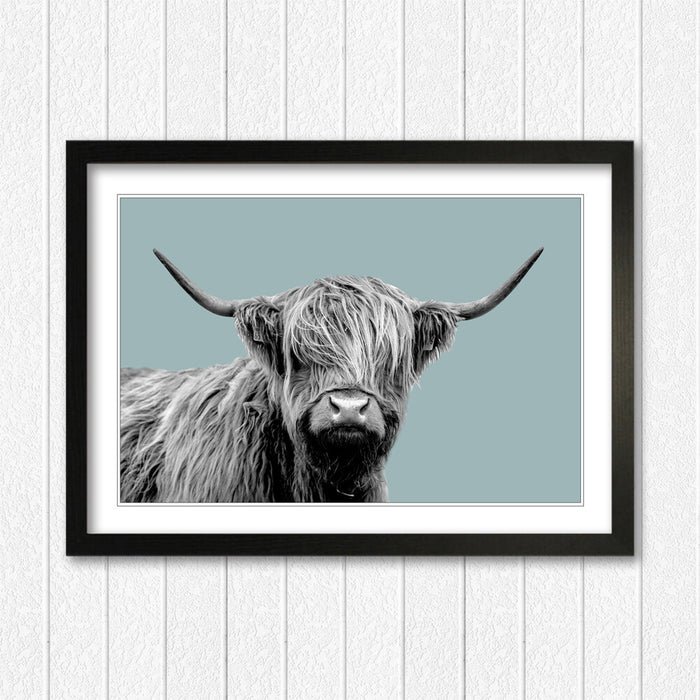 HIGHLAND COW BLACK AND WHITE DUCK EGG BLUE FRAMED POSTER WALL ART PRINT