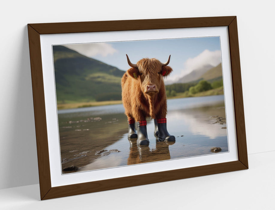 Highland Cow Wall Art - Framed Funny Animal Poster with Welly Boots Decor
