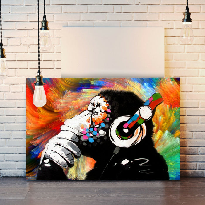 MONKEY DJ BANKSY COLOURFUL SWIRL CANVAS STREET WALL ART PRINT ARTWORK -  GORILLA