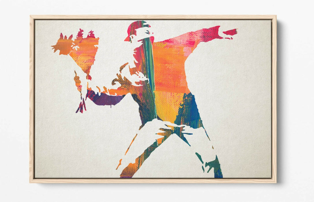 BANKSY, FLOWER THROWER RAINBOW PAINT -FLOAT EFFECT CANVAS WALL ART PRINT
