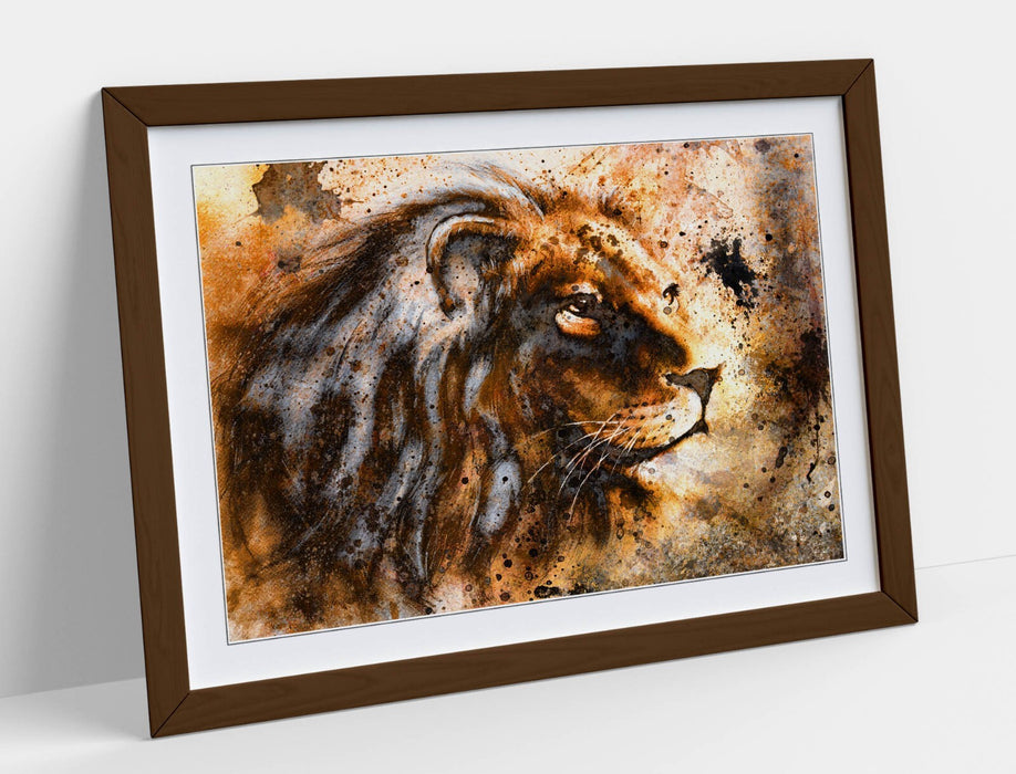 Rustic Lion Wall Art - Framed Animal Artwork With Wood Grain Frame, Ready To Hang