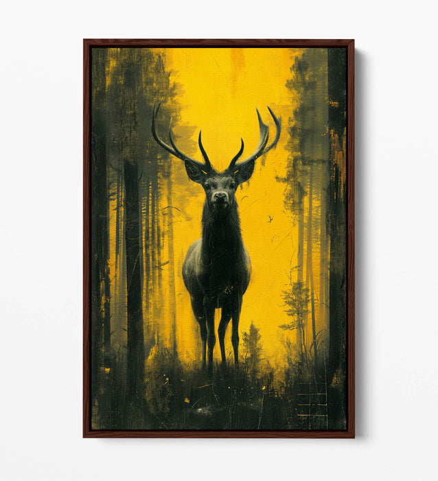 Stag Canvas Art – Black Yellow Silhouette on Float Effect Frame | Wildlife Wall Art