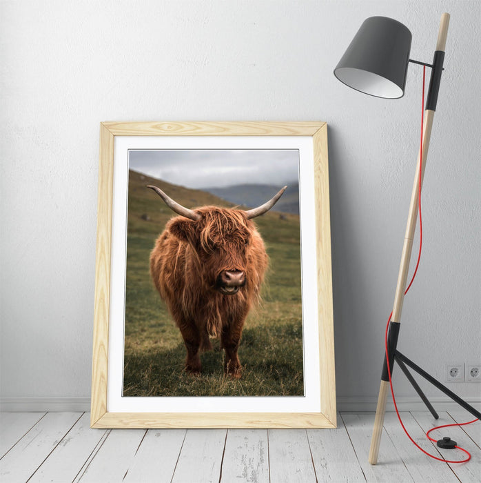 Highland Cow Wall Art – Framed Green Landscape Poster | Rustic Animal Decor
