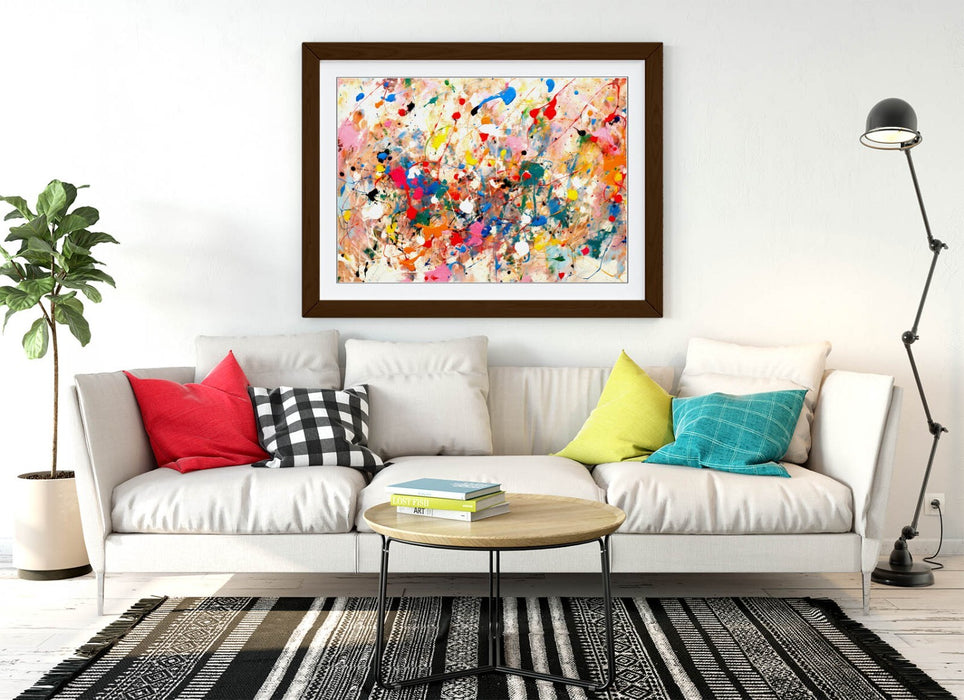 Framed Wall Art - Colorful Pollock Style Abstract Poster Print With Woodgrain Frame