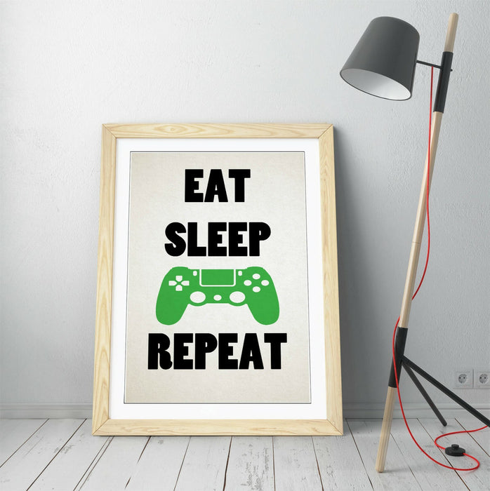 "EAT SLEEP GAME REPEAT" FUNNY GAMER QUOTE KIDS -FRAMED WALL ART PICTURE PRINT