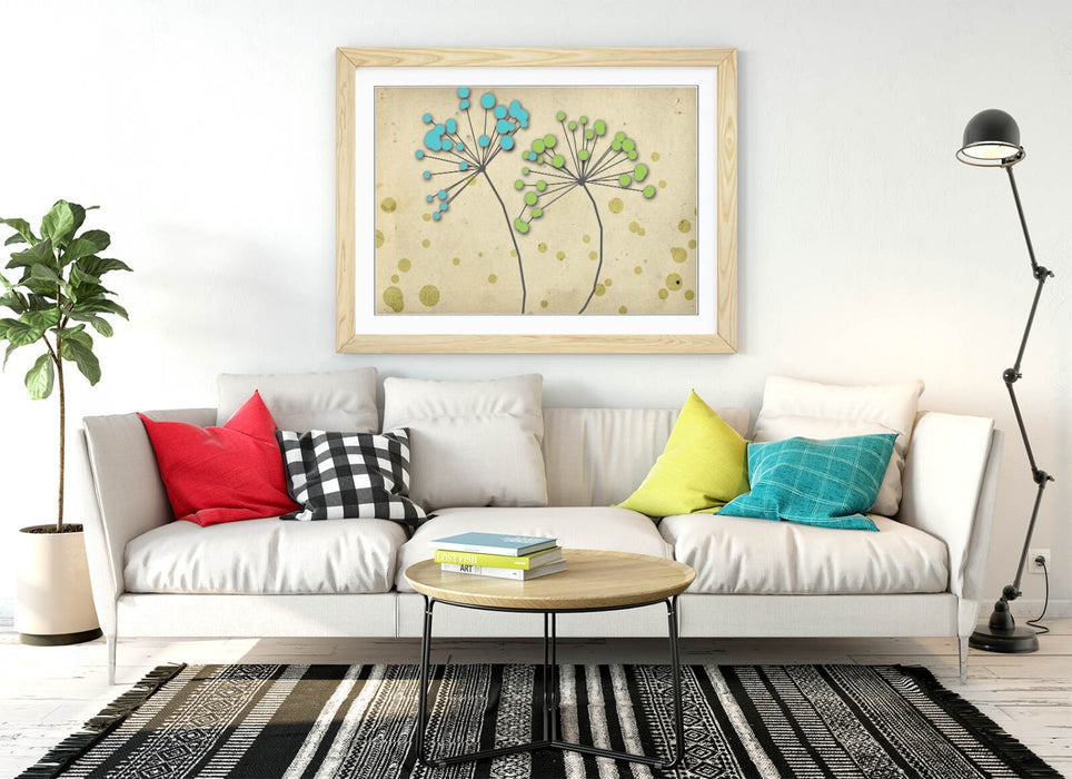 Framed Flower Art – Blue Green Dandelion Wall Poster | Bedroom Wall Decor