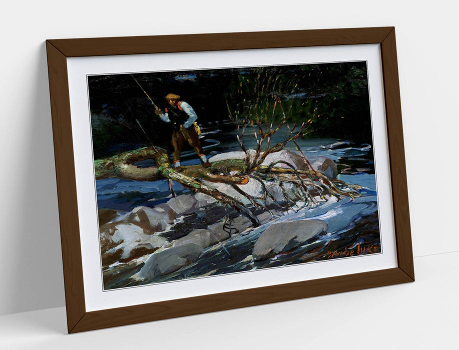 Framed Wall Art Poster - George Benjamin Luks Trout Fishing Print With Woodgrain Frame