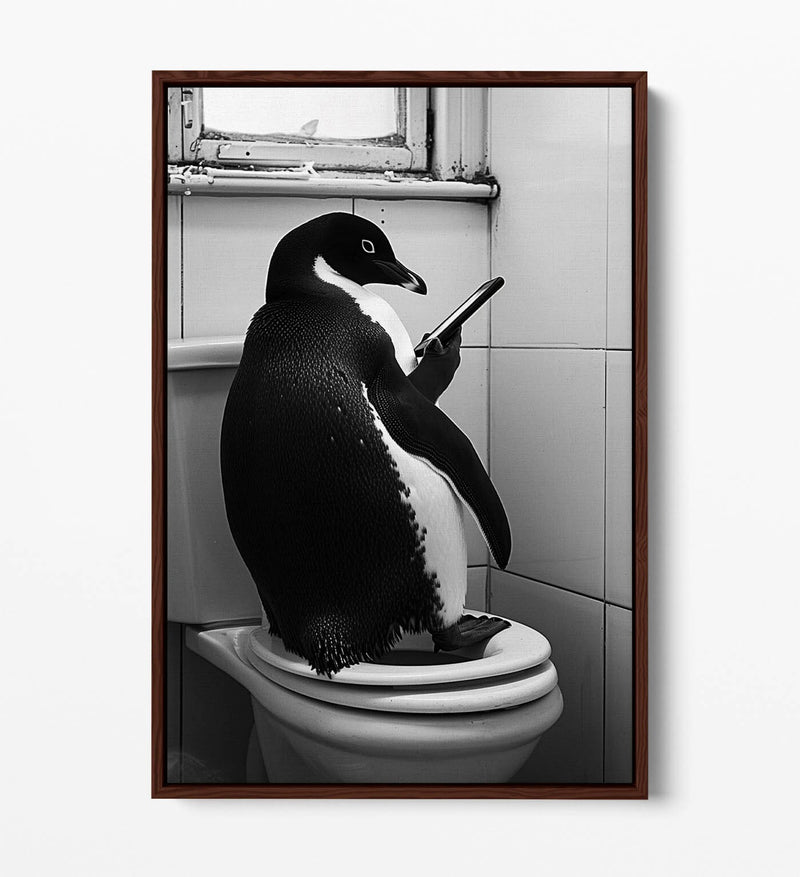 Funny Penguin Canvas – Humorous Bathroom Wall Art | Toilet Decor Print, Float Effect