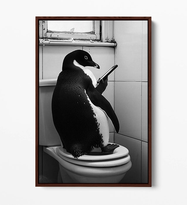 Funny Penguin Canvas – Humorous Bathroom Wall Art | Toilet Decor Print, Float Effect