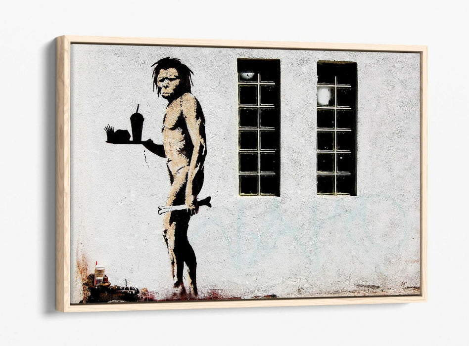 BANKSY FAST FOOD CAVEMAN -FLOAT EFFECT CANVAS WALL ART PIC PRINT- GREY BLACK