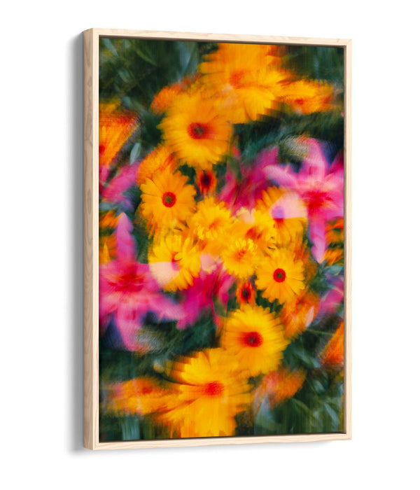 Float Effect Canvas Art - Colourful Blurred Yellow Pink Flowers on Premium MDF Frame