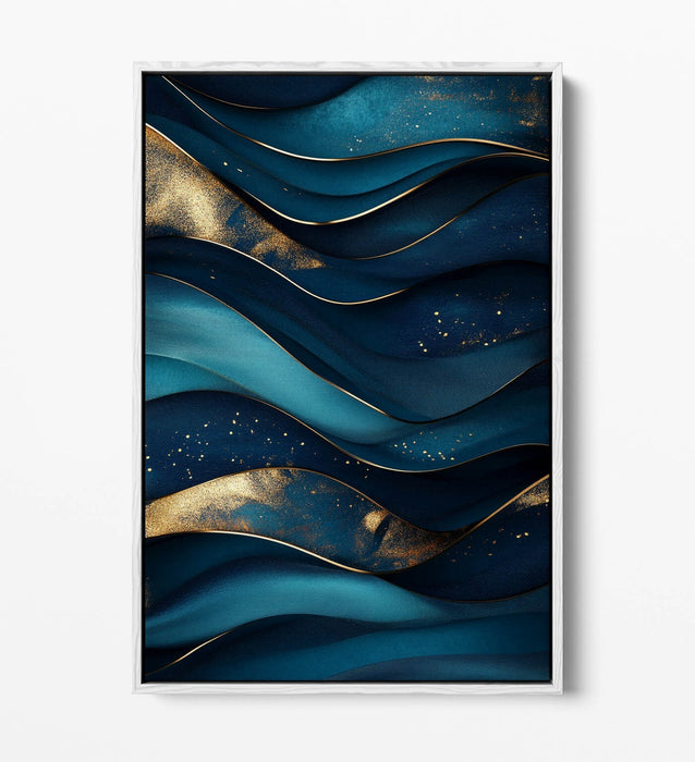 Canvas Wall Art - Blue Gold Wavy Pattern Abstract Print | Float Effect, Ready To Hang