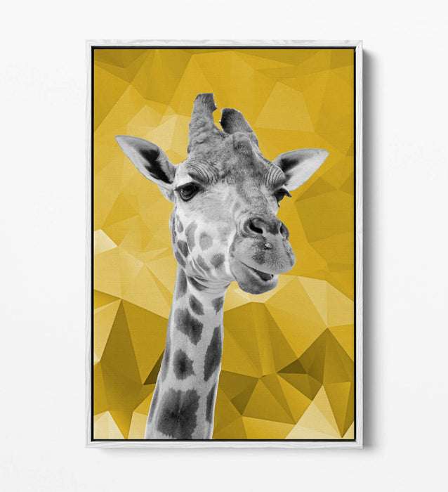 MUSTARD GEO GIRAFFE -FLOAT EFFECT CANVAS WALL ART PIC PRINT- BLACK & WHITE