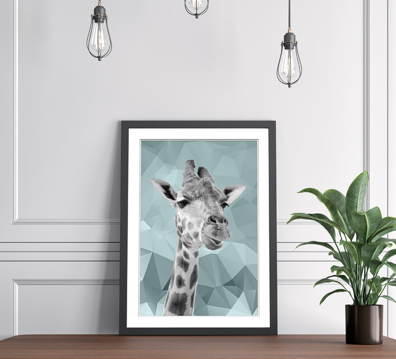 GIRAFFE BLACK AND WHITE DUCK EGG BLUE GEO FRAMED POSTER WALL ART PRINT ARTWORK