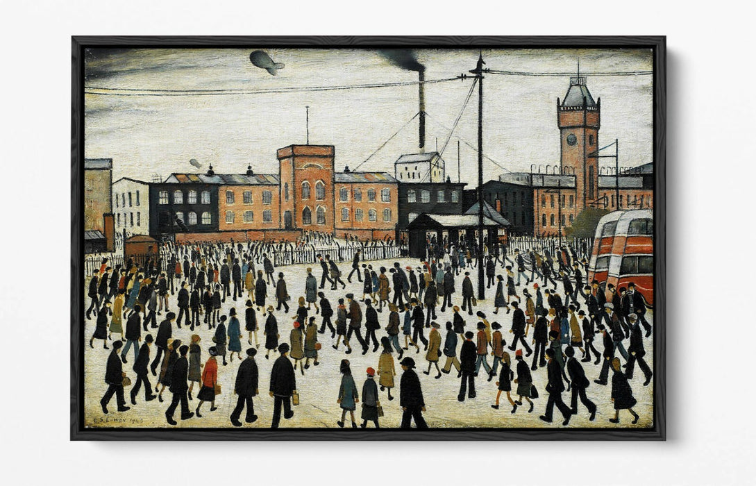 LS LOWRY GOING TO WORK -FLOAT EFFECT CANVAS WALL ART PIC PRINT- BEIGE BLACK